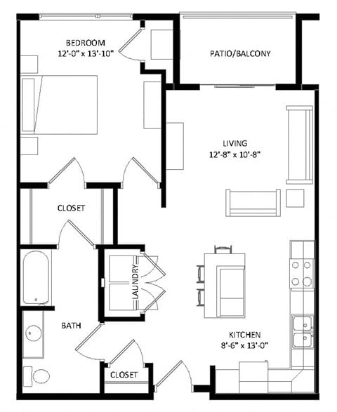 Floor plan for 1 bed, 1 bath, 795 sqft